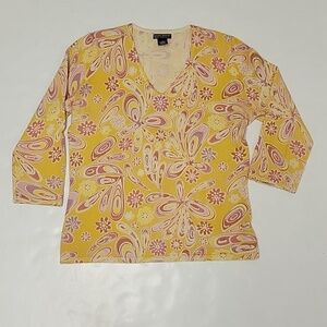 Daniel Bishop 100% cashmere 3/4 sleeve floral sweater women's sz medium